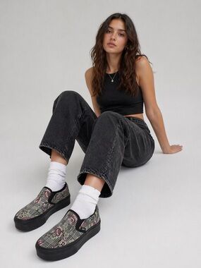 Vans Tapestry Floral Platform Slip-On Sneakers Chunky Sole Street Style Shoes